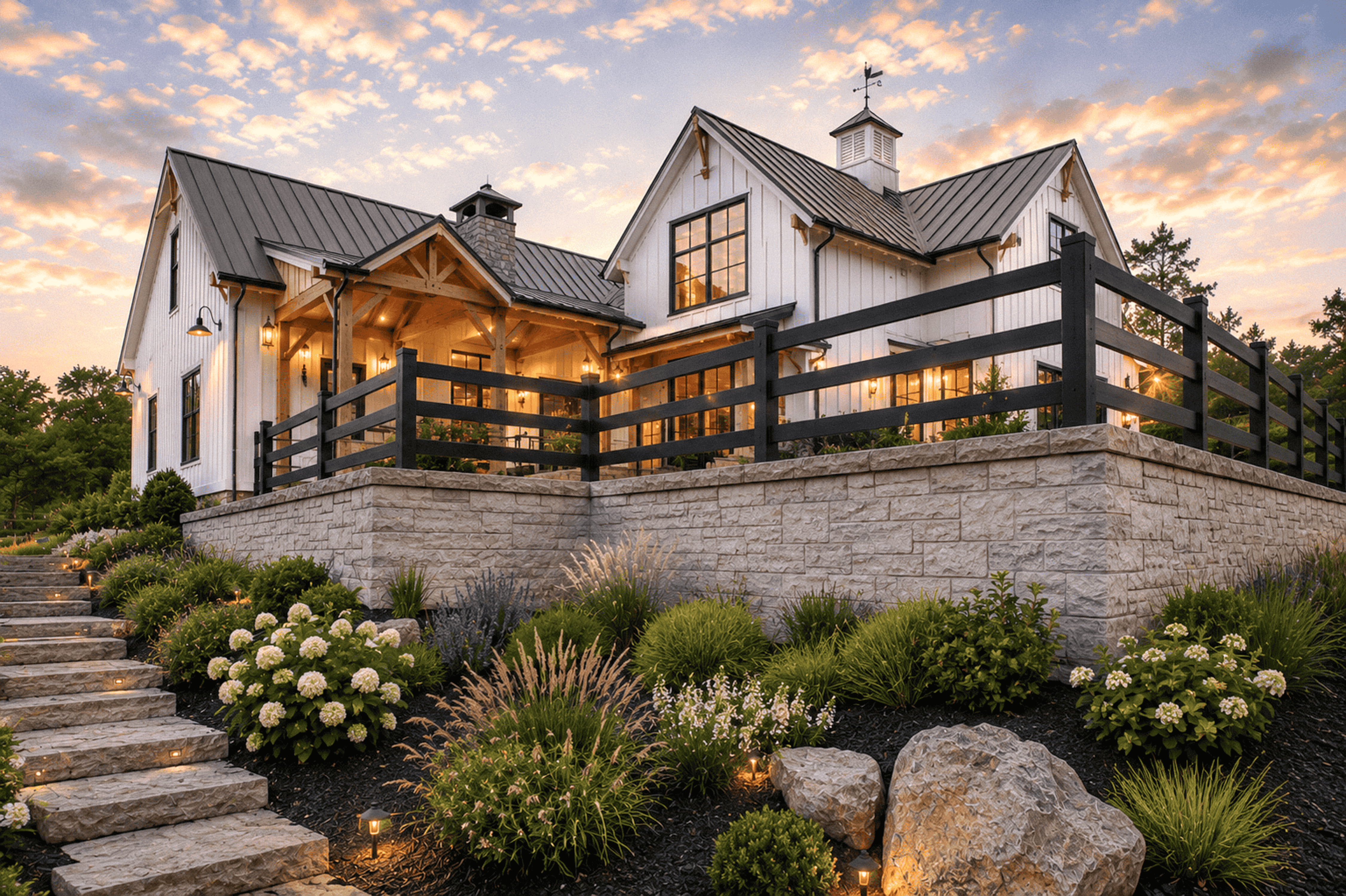 Texture black Kuptz Steel Fence in front of a stately black barn with copper accents